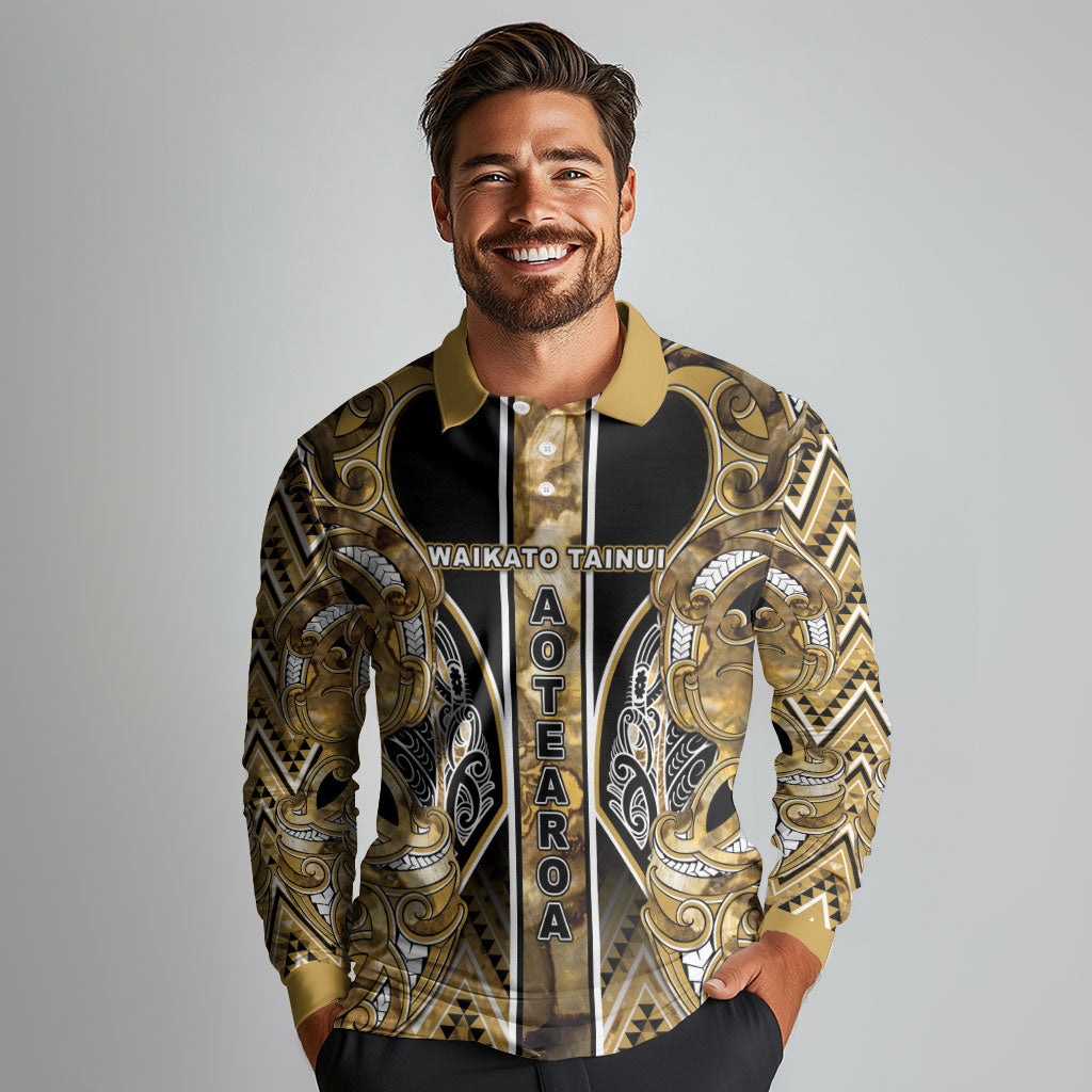 Aotearoa Waikato Tainui Long Sleeve Polo Shirt Maori Light Gold Tribal Paua Shell Pattern