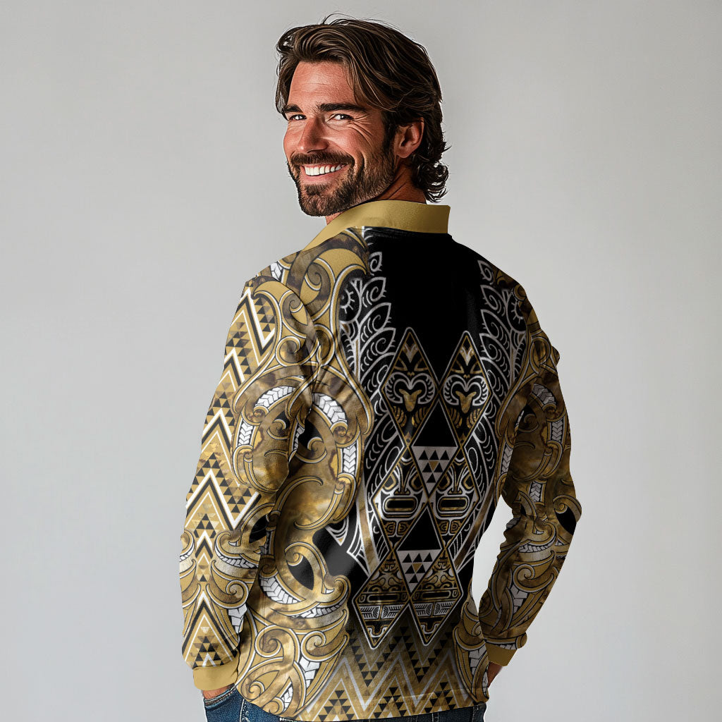 Aotearoa Waikato Tainui Long Sleeve Polo Shirt Maori Light Gold Tribal Paua Shell Pattern
