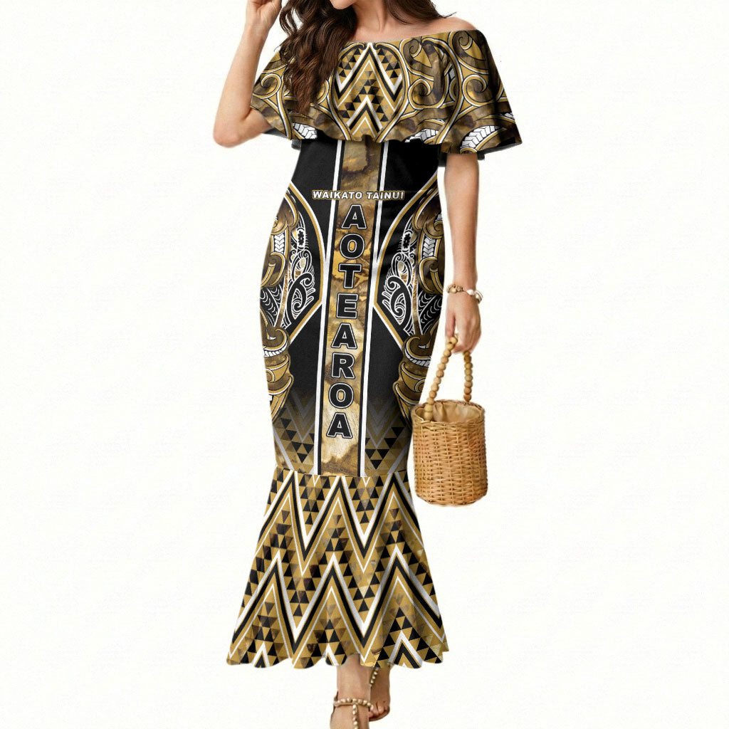 Aotearoa Waikato Tainui Mermaid Dress Maori Light Gold Tribal Paua Shell Pattern