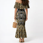 Aotearoa Waikato Tainui Mermaid Dress Maori Light Gold Tribal Paua Shell Pattern