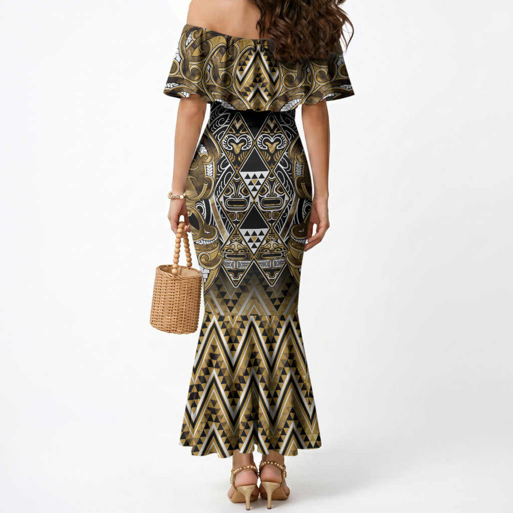 Aotearoa Waikato Tainui Mermaid Dress Maori Light Gold Tribal Paua Shell Pattern
