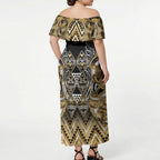 Aotearoa Waikato Tainui Off Shoulder Maxi Dress Maori Light Gold Tribal Paua Shell Pattern