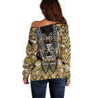 Aotearoa Waikato Tainui Off Shoulder Sweater Maori Light Gold Tribal Paua Shell Pattern