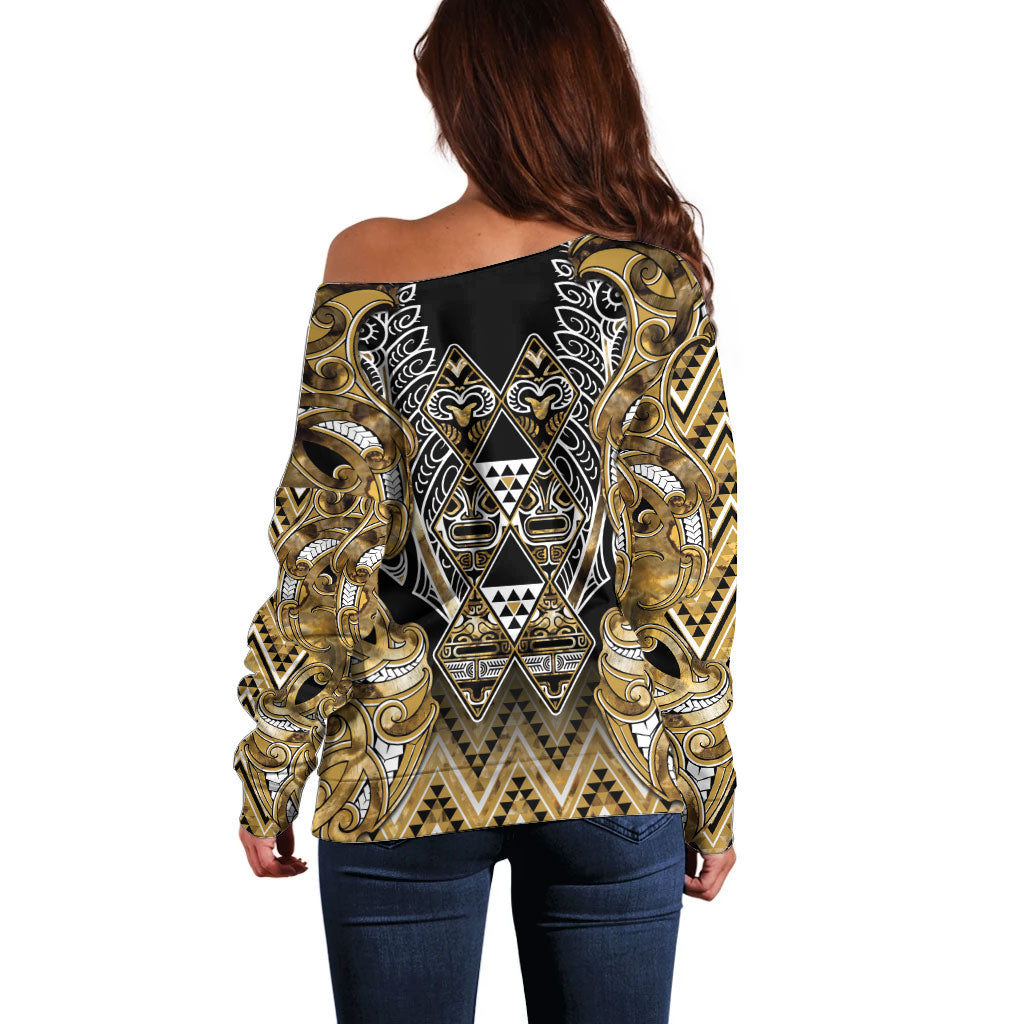 Aotearoa Waikato Tainui Off Shoulder Sweater Maori Light Gold Tribal Paua Shell Pattern
