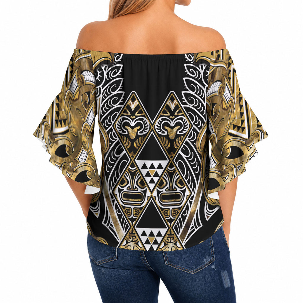 Aotearoa Waikato Tainui Off Shoulder Wrap Waist Top Maori Light Gold Tribal Paua Shell Pattern