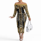 Aotearoa Waikato Tainui Off The Shoulder Long Sleeve Dress Maori Light Gold Tribal Paua Shell Pattern