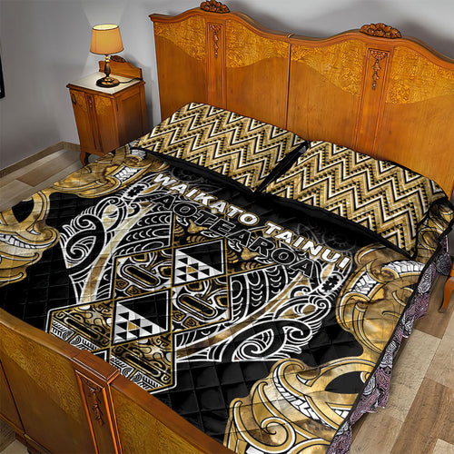 Aotearoa Waikato Tainui Quilt Bed Set Maori Light Gold Tribal Paua Shell Pattern