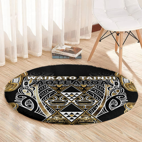Aotearoa Waikato Tainui Round Carpet Maori Light Gold Tribal Paua Shell Pattern