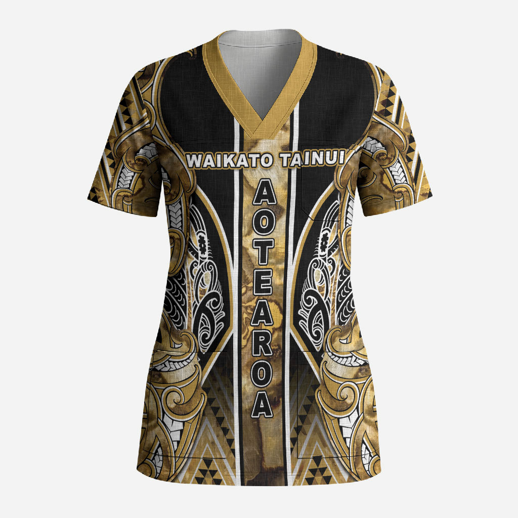 Aotearoa Waikato Tainui Scrub Top Maori Light Gold Tribal Paua Shell Pattern