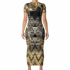 Aotearoa Waikato Tainui Short Sleeve Bodycon Dress Maori Light Gold Tribal Paua Shell Pattern
