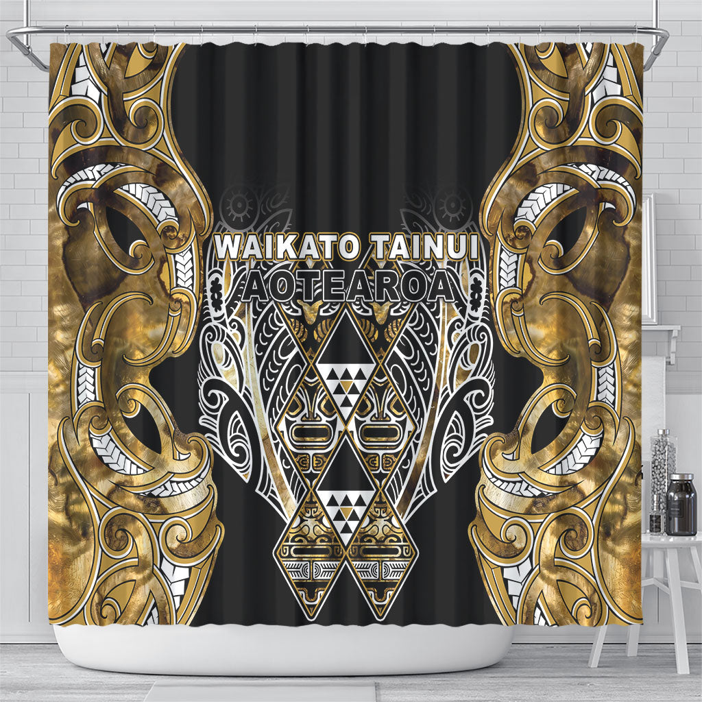 Aotearoa Waikato Tainui Shower Curtain Maori Light Gold Tribal Paua Shell Pattern