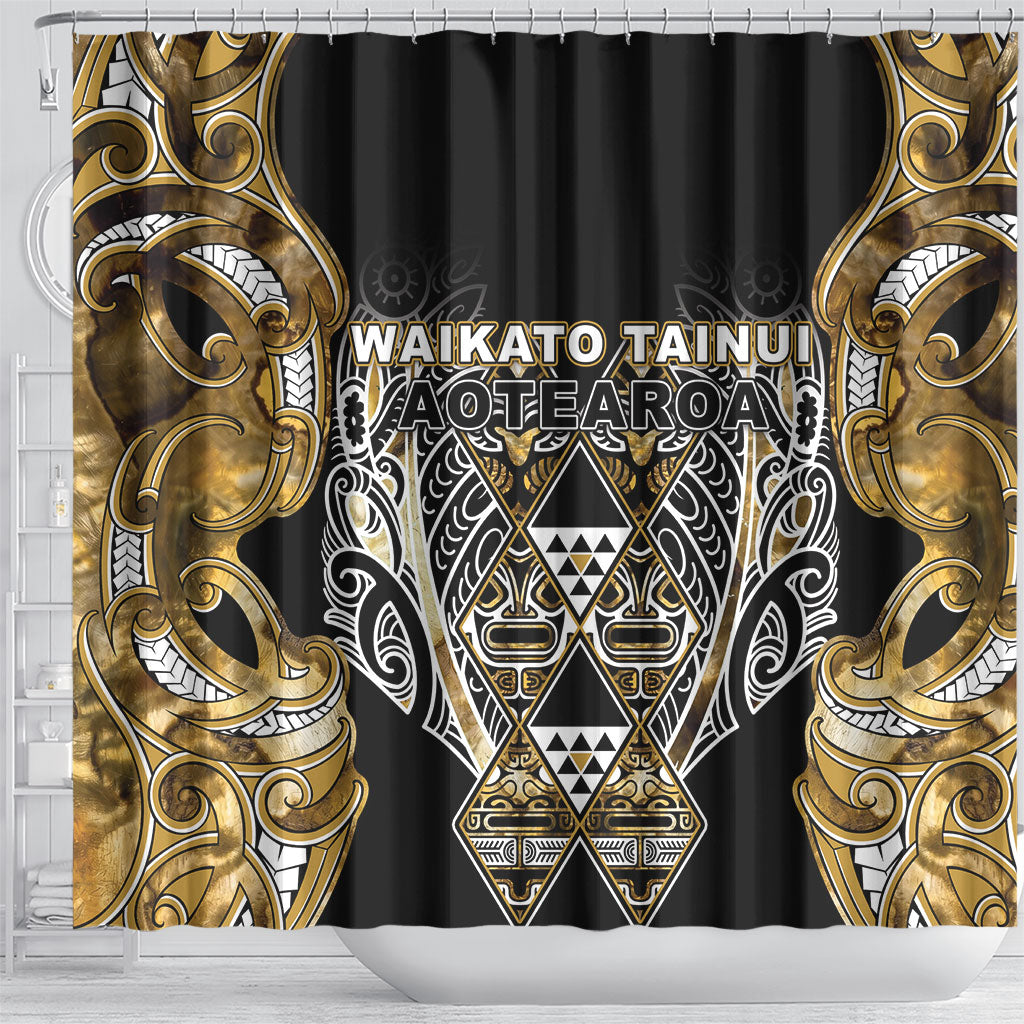 Aotearoa Waikato Tainui Shower Curtain Maori Light Gold Tribal Paua Shell Pattern
