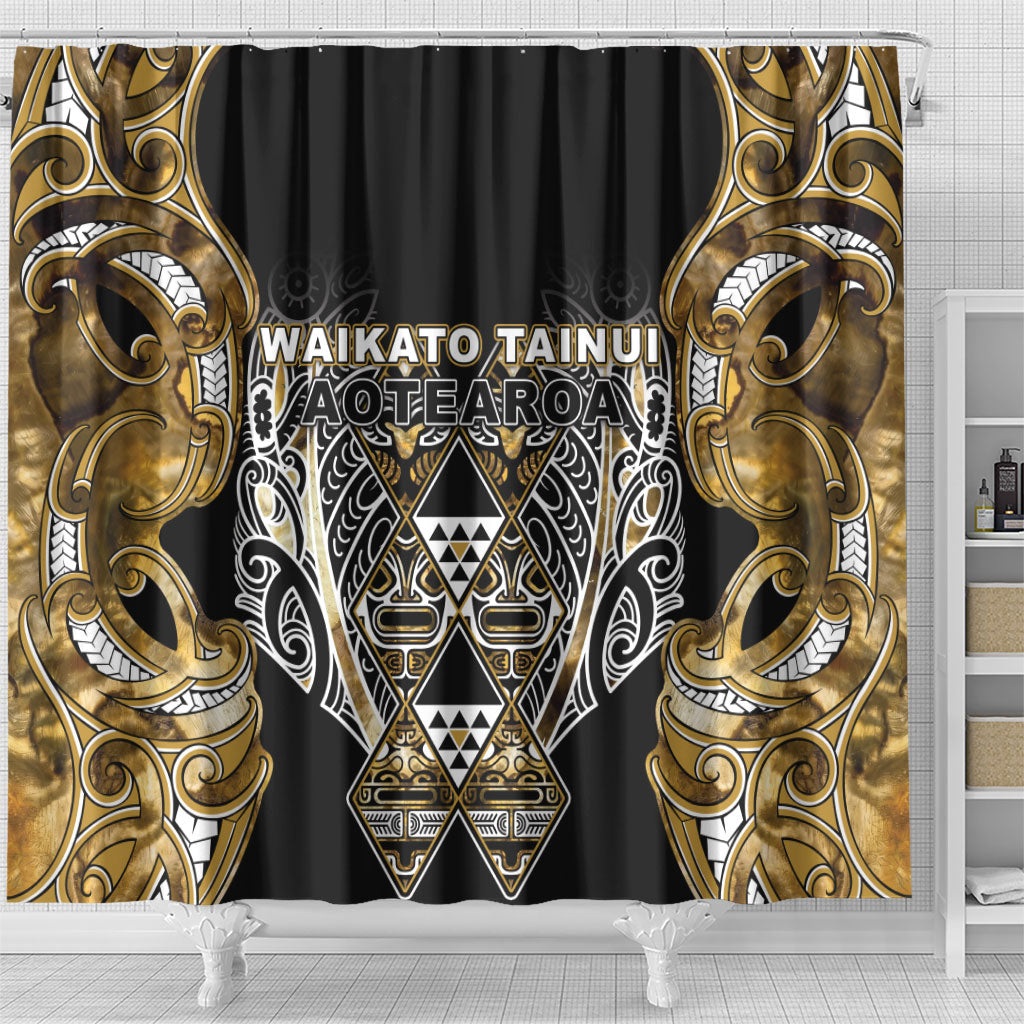 Aotearoa Waikato Tainui Shower Curtain Maori Light Gold Tribal Paua Shell Pattern
