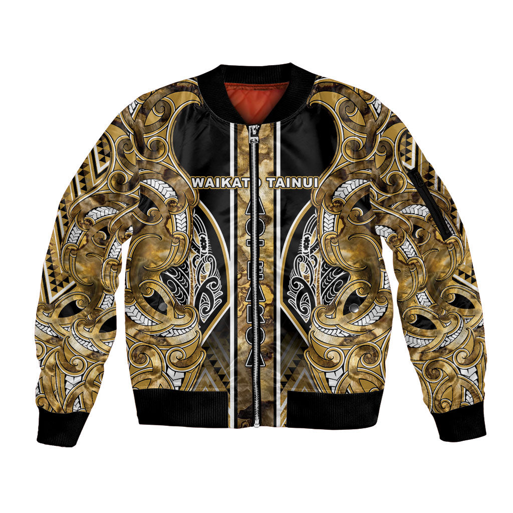 Aotearoa Waikato Tainui Sleeve Zip Bomber Jacket Maori Light Gold Tribal Paua Shell Pattern