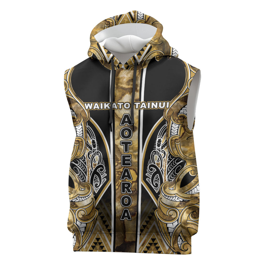 Aotearoa Waikato Tainui Sleeveless Hoodie Maori Light Gold Tribal Paua Shell Pattern