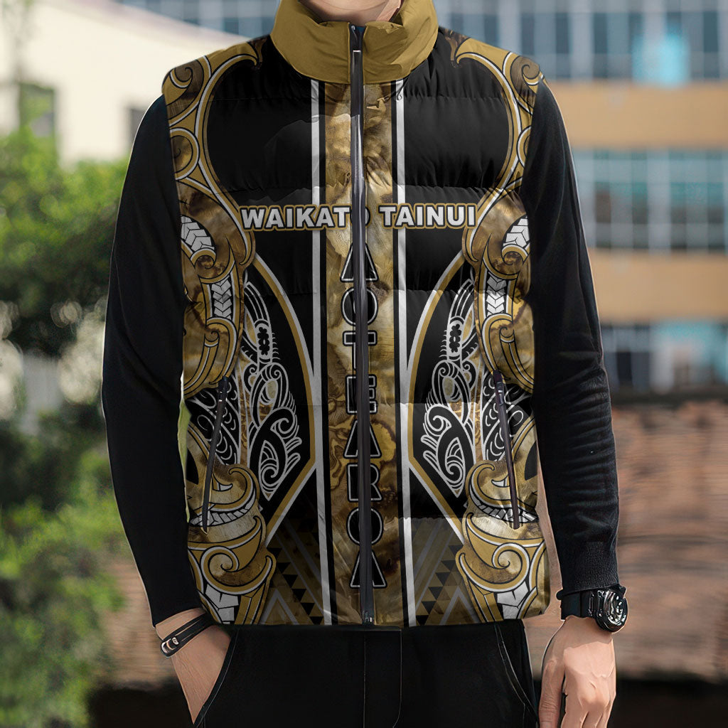 Aotearoa Waikato Tainui Sleeveless Puffer Jacket Maori Light Gold Tribal Paua Shell Pattern