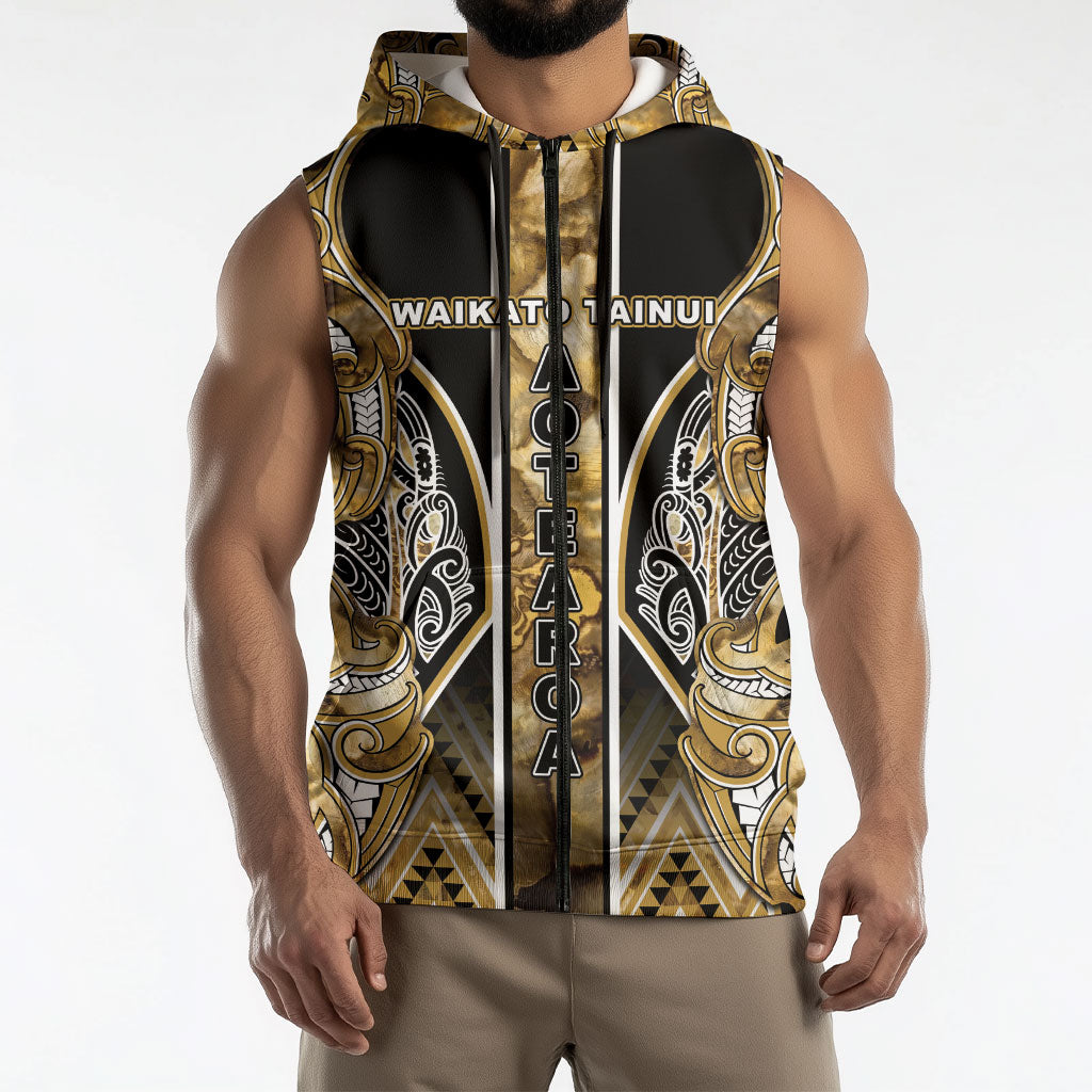 Aotearoa Waikato Tainui Sleeveless Zip Hoodie Maori Light Gold Tribal Paua Shell Pattern