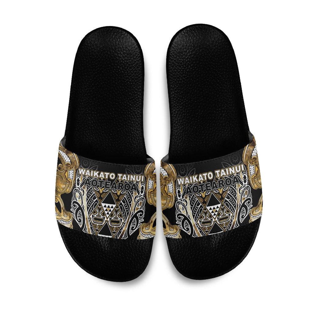 Aotearoa Waikato Tainui Slide Sandals Maori Light Gold Tribal Paua Shell Pattern