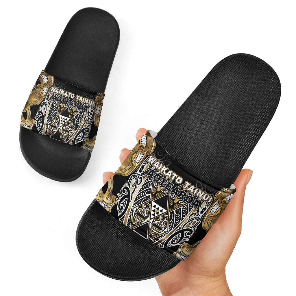 Aotearoa Waikato Tainui Slide Sandals Maori Light Gold Tribal Paua Shell Pattern