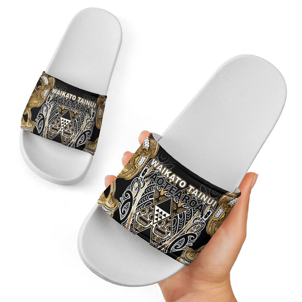 Aotearoa Waikato Tainui Slide Sandals Maori Light Gold Tribal Paua Shell Pattern