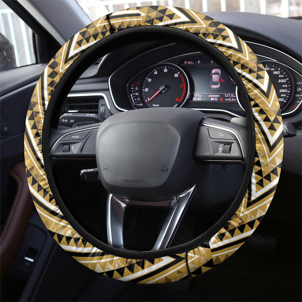 Aotearoa Waikato Tainui Steering Wheel Cover Maori Light Gold Tribal Paua Shell Pattern