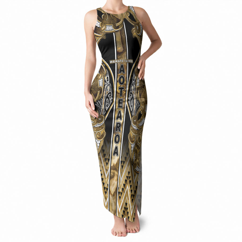 Aotearoa Waikato Tainui Tank Maxi Dress Maori Light Gold Tribal Paua Shell Pattern