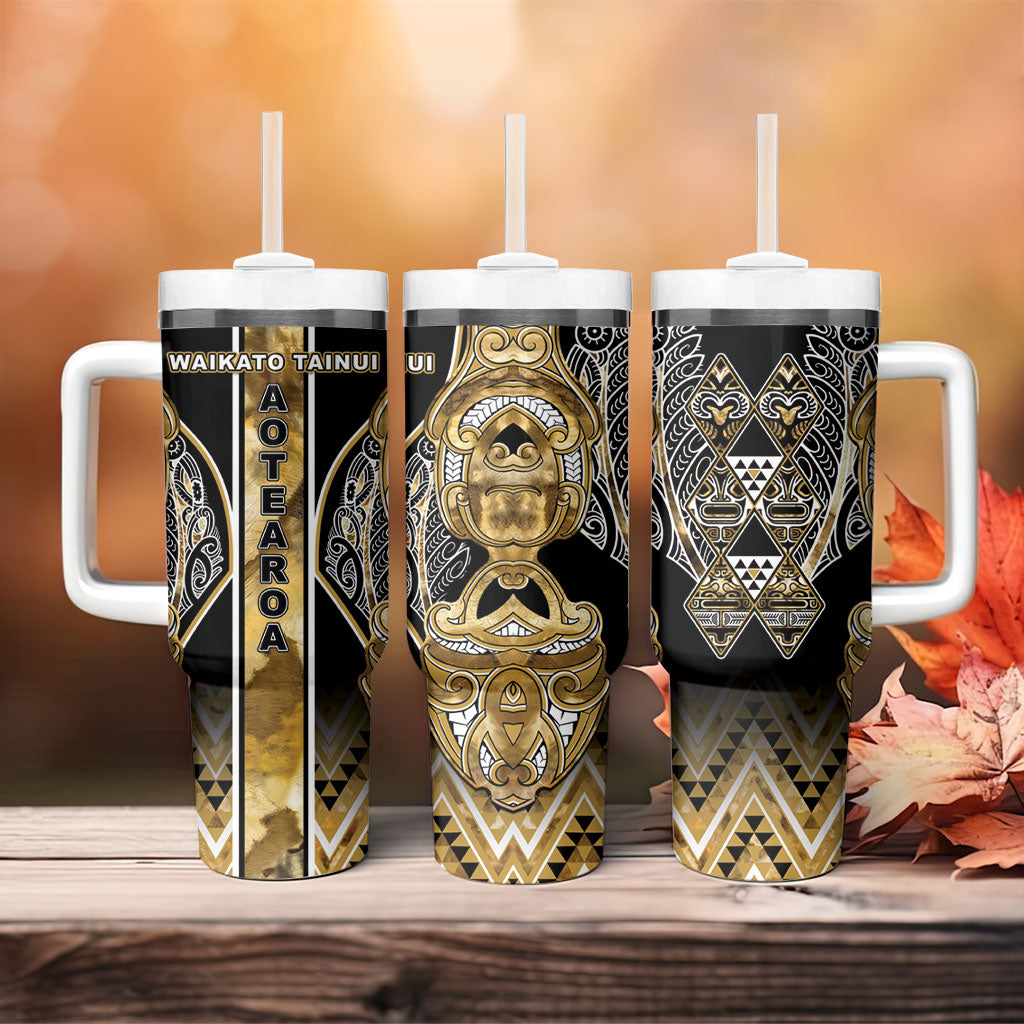 Aotearoa Waikato Tainui Tumbler With Handle Maori Light Gold Tribal Paua Shell Pattern