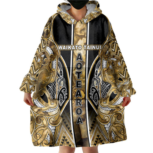 Aotearoa Waikato Tainui Wearable Blanket Hoodie Maori Light Gold Tribal Paua Shell Pattern