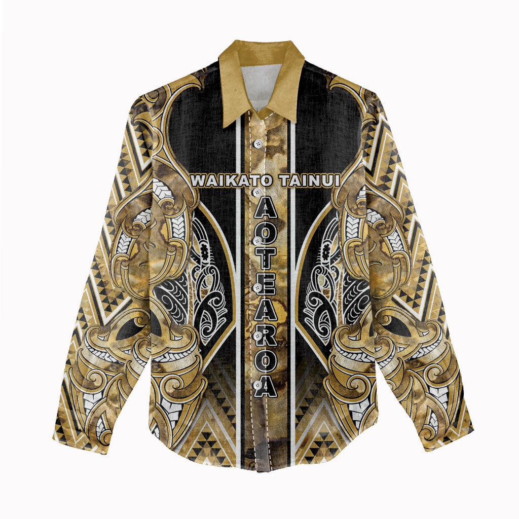 Aotearoa Waikato Tainui Women Casual Shirt Maori Light Gold Tribal Paua Shell Pattern