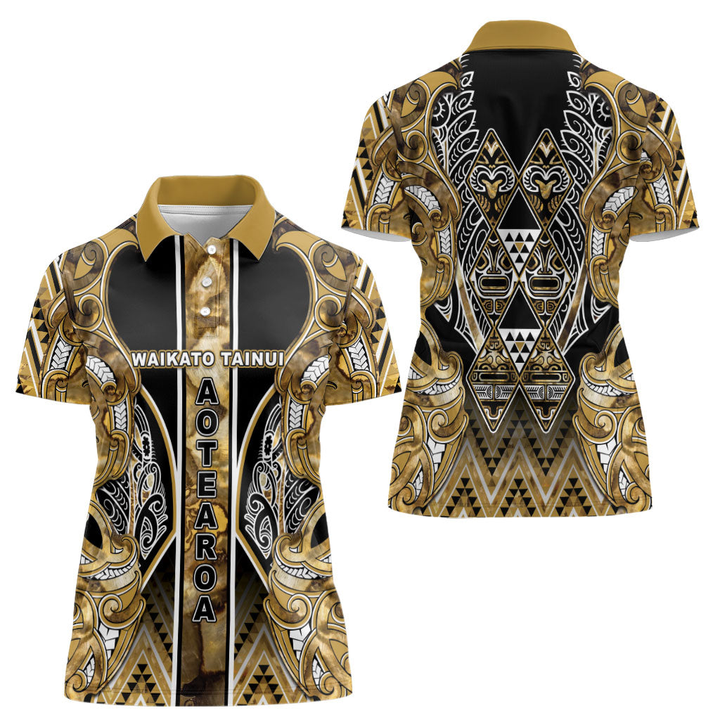 Aotearoa Waikato Tainui Women Polo Shirt Maori Light Gold Tribal Paua Shell Pattern