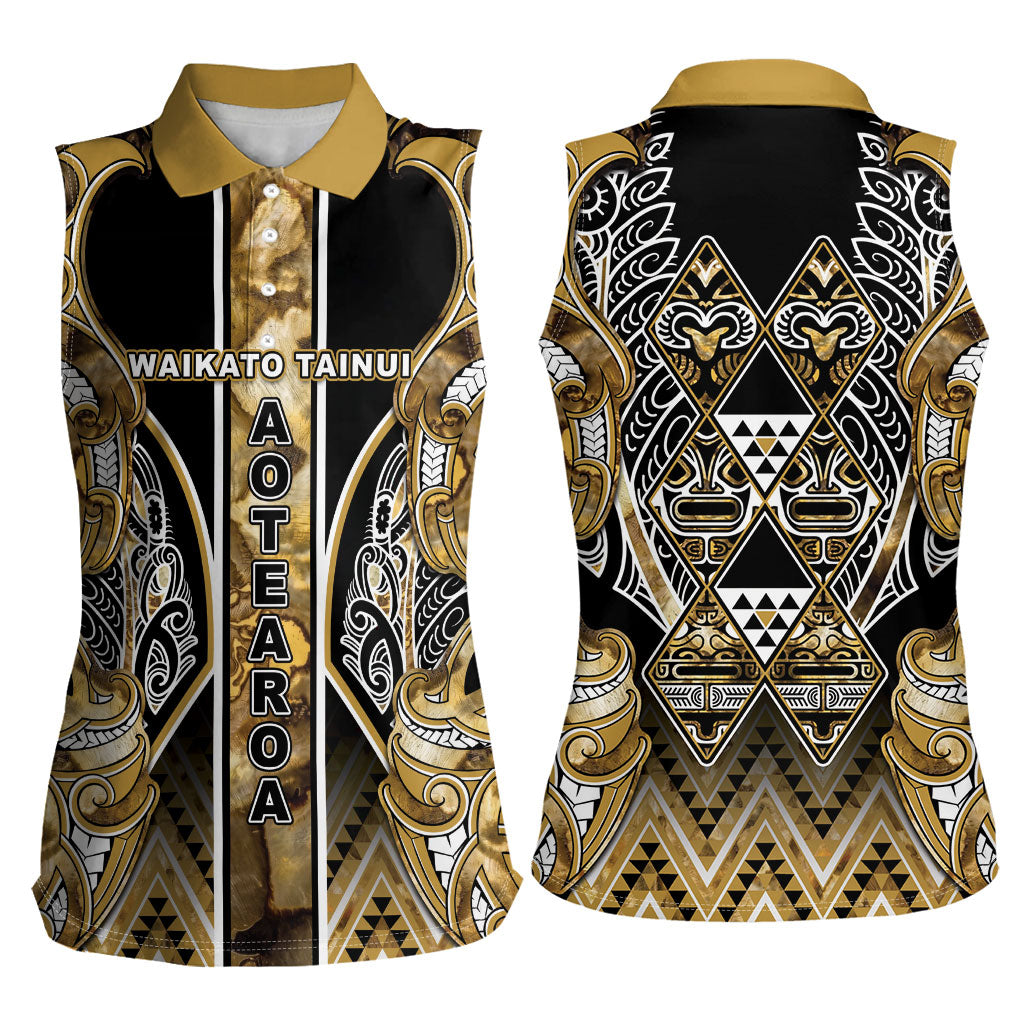 Aotearoa Waikato Tainui Women Sleeveless Polo Shirt Maori Light Gold Tribal Paua Shell Pattern