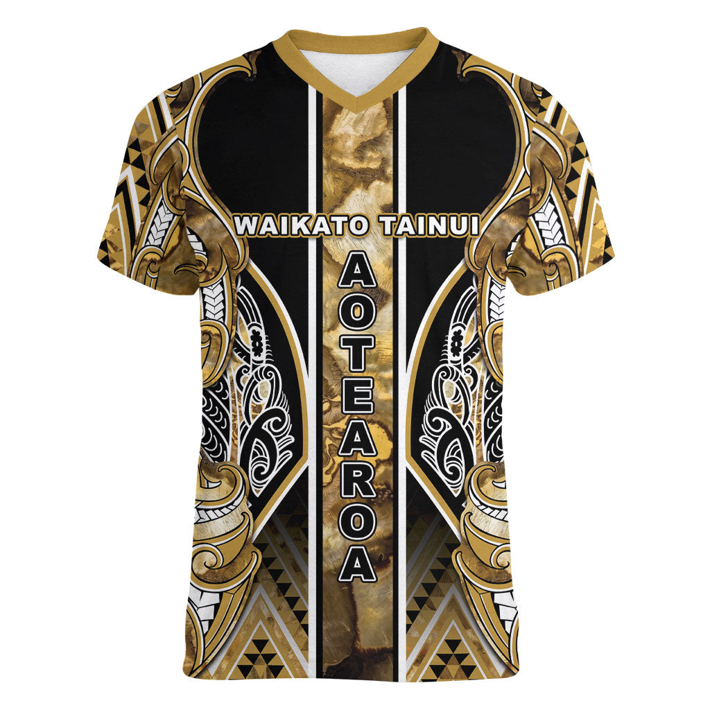 Aotearoa Waikato Tainui Women V-Neck T-Shirt Maori Light Gold Tribal Paua Shell Pattern
