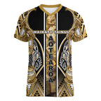 Aotearoa Waikato Tainui Women V-Neck T-Shirt Maori Light Gold Tribal Paua Shell Pattern