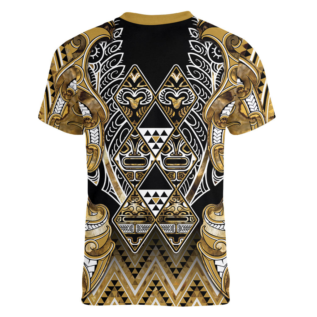 Aotearoa Waikato Tainui Women V-Neck T-Shirt Maori Light Gold Tribal Paua Shell Pattern