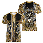 Aotearoa Waikato Tainui Women V-Neck T-Shirt Maori Light Gold Tribal Paua Shell Pattern