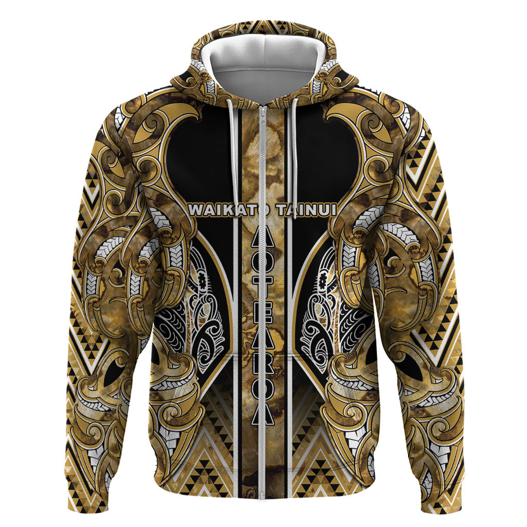 Aotearoa Waikato Tainui Zip Hoodie Maori Light Gold Tribal Paua Shell Pattern
