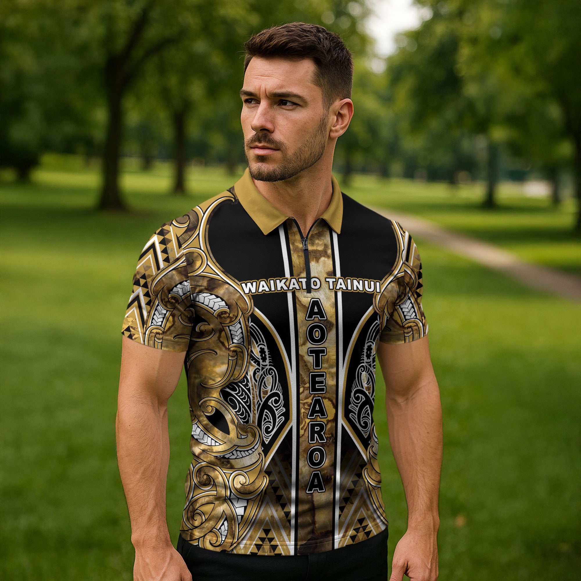 Aotearoa Waikato Tainui Zipper Polo Shirt Maori Light Gold Tribal Paua Shell Pattern