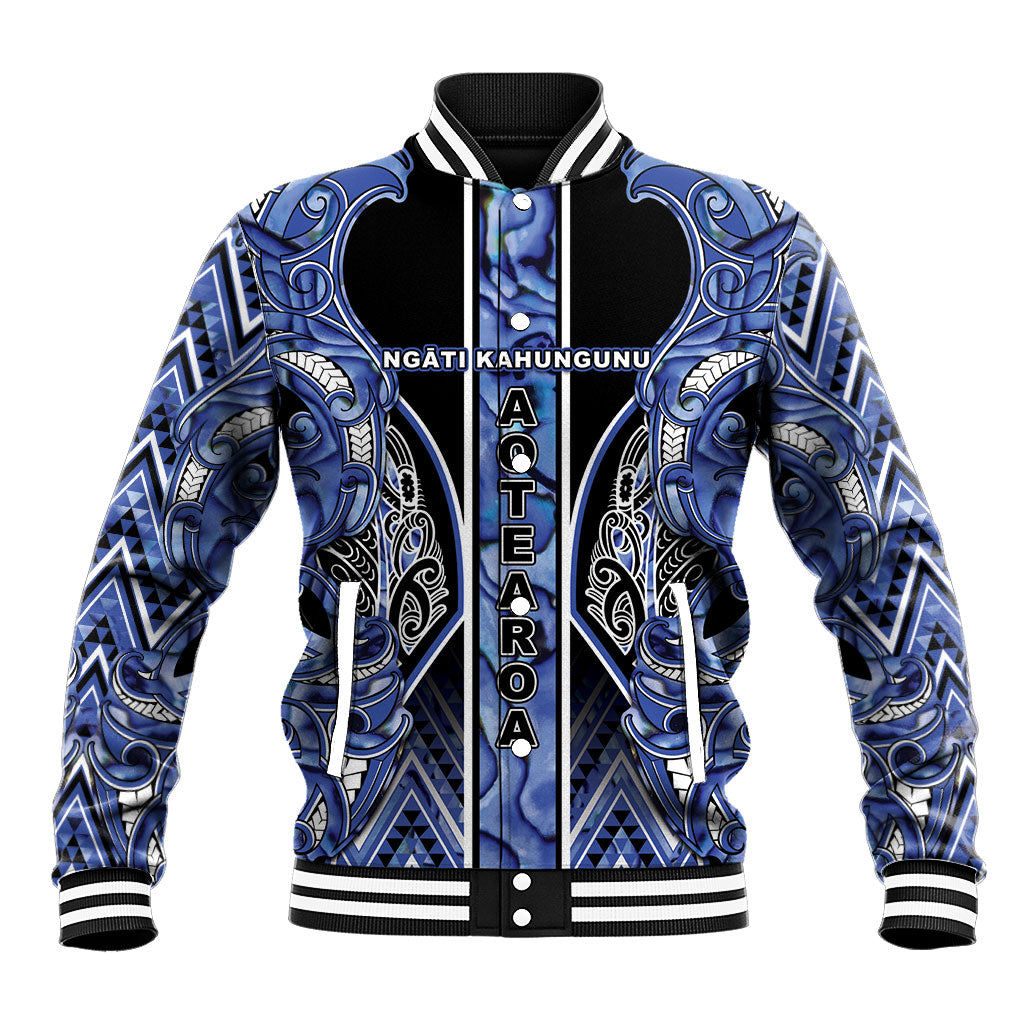 Aotearoa Ngati Kahungunu Baseball Jacket Maori Tribal Blue Paua Shell Pattern