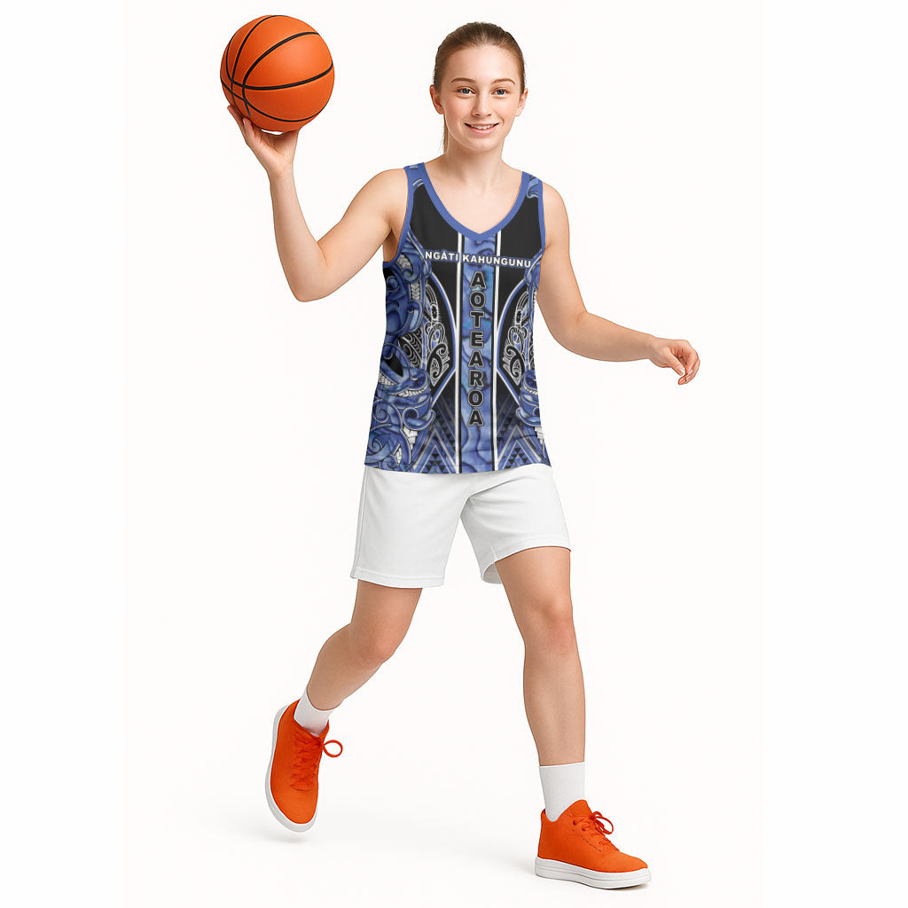 Aotearoa Ngati Kahungunu Basketball Jersey Maori Tribal Blue Paua Shell Pattern