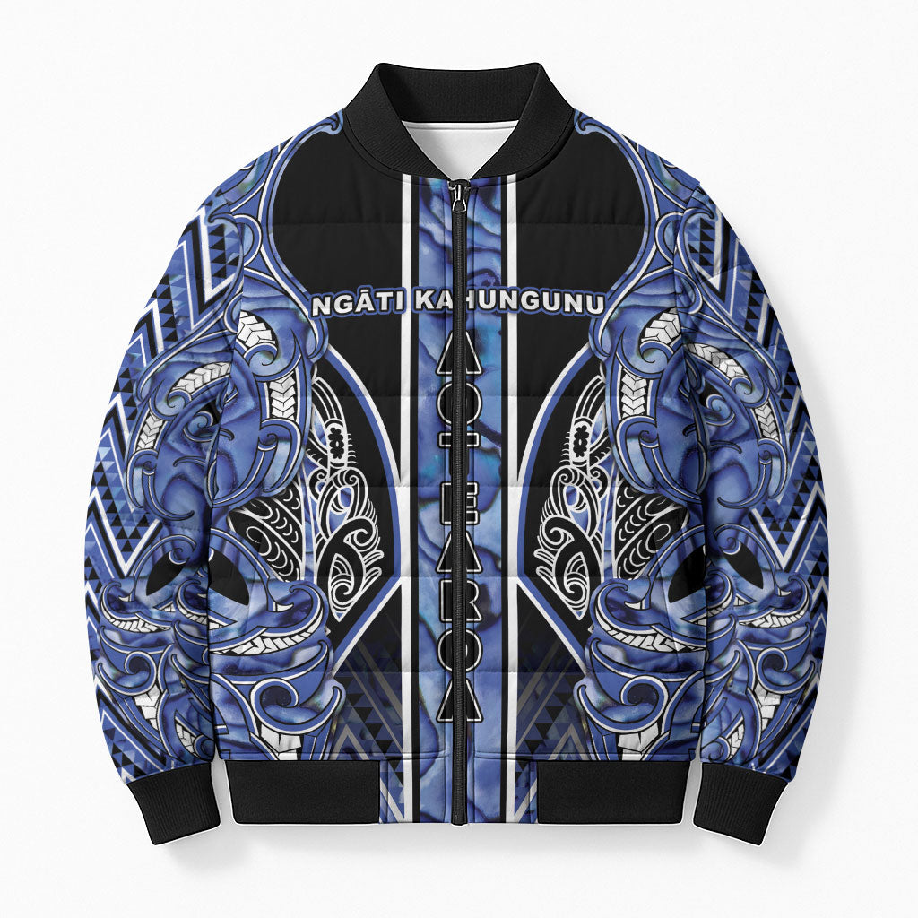 Aotearoa Ngati Kahungunu Bomber Puffer Jacket Maori Tribal Blue Paua Shell Pattern