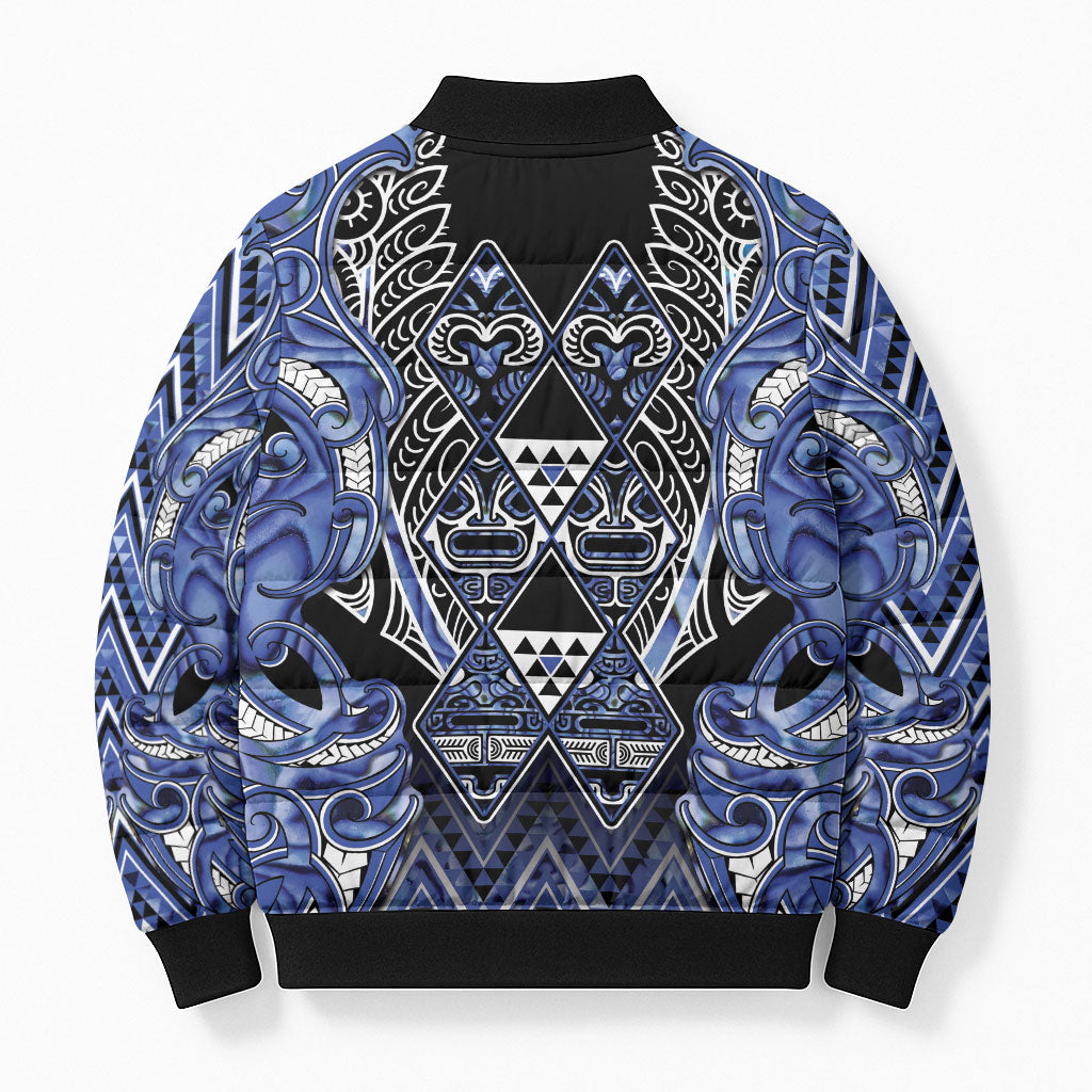 Aotearoa Ngati Kahungunu Bomber Puffer Jacket Maori Tribal Blue Paua Shell Pattern