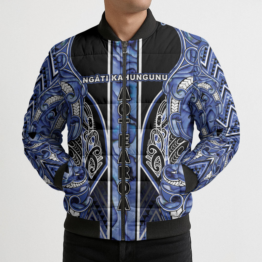 Aotearoa Ngati Kahungunu Bomber Puffer Jacket Maori Tribal Blue Paua Shell Pattern