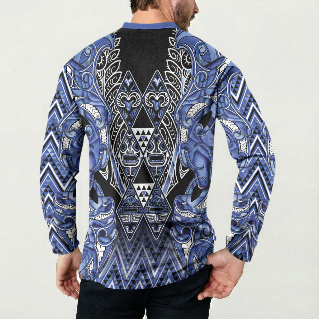 Aotearoa Ngati Kahungunu Button Sweatshirt Maori Tribal Blue Paua Shell Pattern