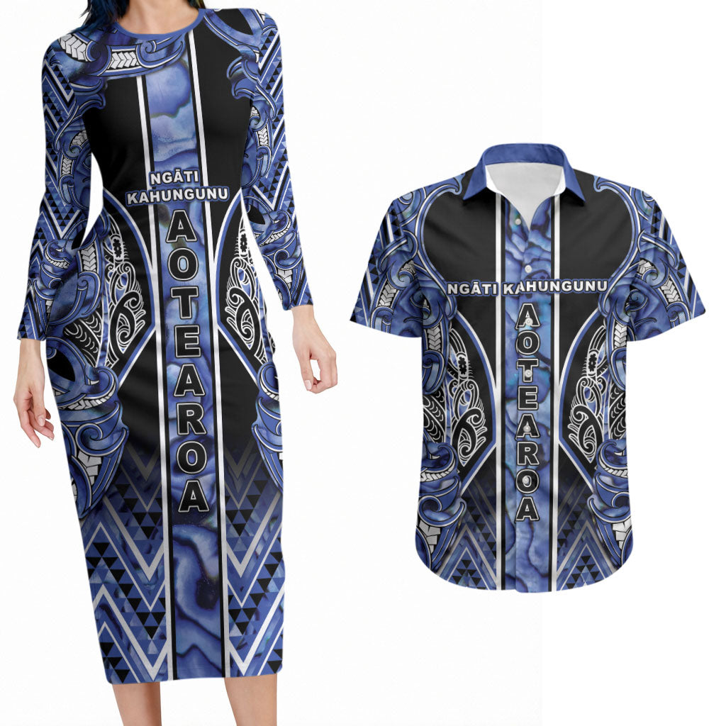 Aotearoa Ngati Kahungunu Couples Matching Long Sleeve Bodycon Dress and Hawaiian Shirt Maori Tribal Blue Paua Shell Pattern
