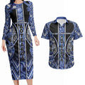 Aotearoa Ngati Kahungunu Couples Matching Long Sleeve Bodycon Dress and Hawaiian Shirt Maori Tribal Blue Paua Shell Pattern