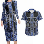Aotearoa Ngati Kahungunu Couples Matching Long Sleeve Bodycon Dress and Hawaiian Shirt Maori Tribal Blue Paua Shell Pattern