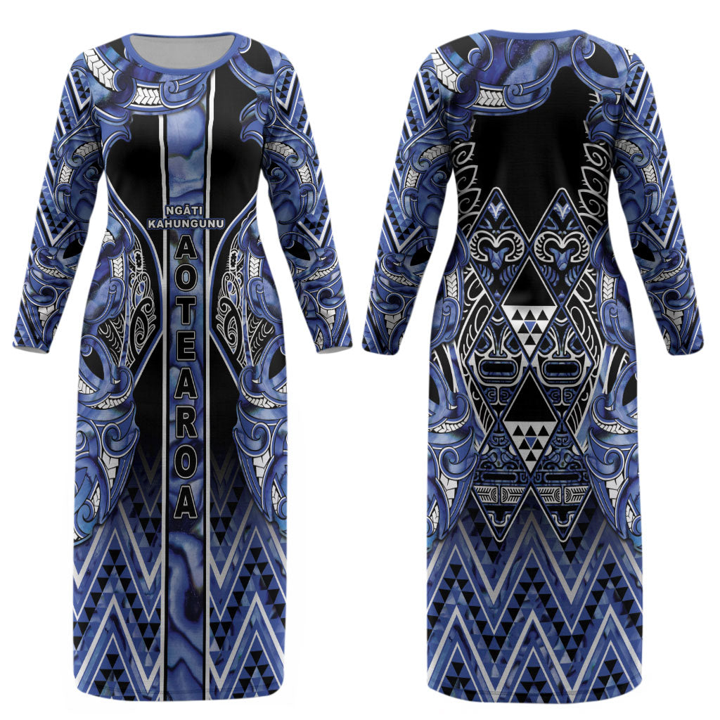 Aotearoa Ngati Kahungunu Couples Matching Long Sleeve Bodycon Dress and Hawaiian Shirt Maori Tribal Blue Paua Shell Pattern