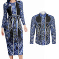 Aotearoa Ngati Kahungunu Couples Matching Long Sleeve Bodycon Dress and Long Sleeve Button Shirt Maori Tribal Blue Paua Shell Pattern