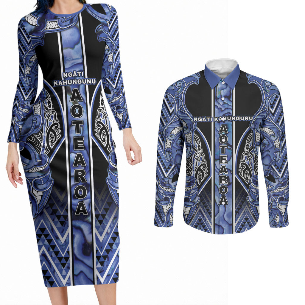 Aotearoa Ngati Kahungunu Couples Matching Long Sleeve Bodycon Dress and Long Sleeve Button Shirt Maori Tribal Blue Paua Shell Pattern