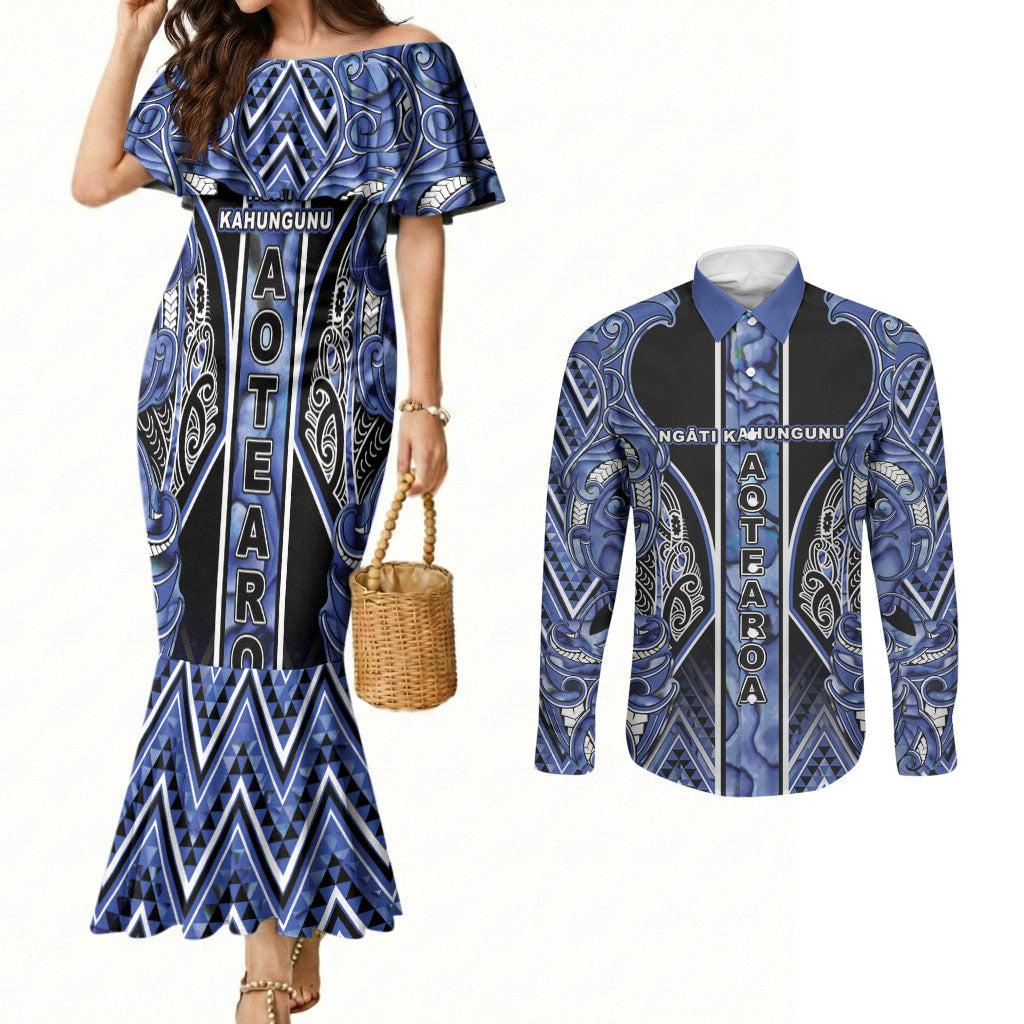 Aotearoa Ngati Kahungunu Couples Matching Mermaid Dress and Long Sleeve Button Shirt Maori Tribal Blue Paua Shell Pattern